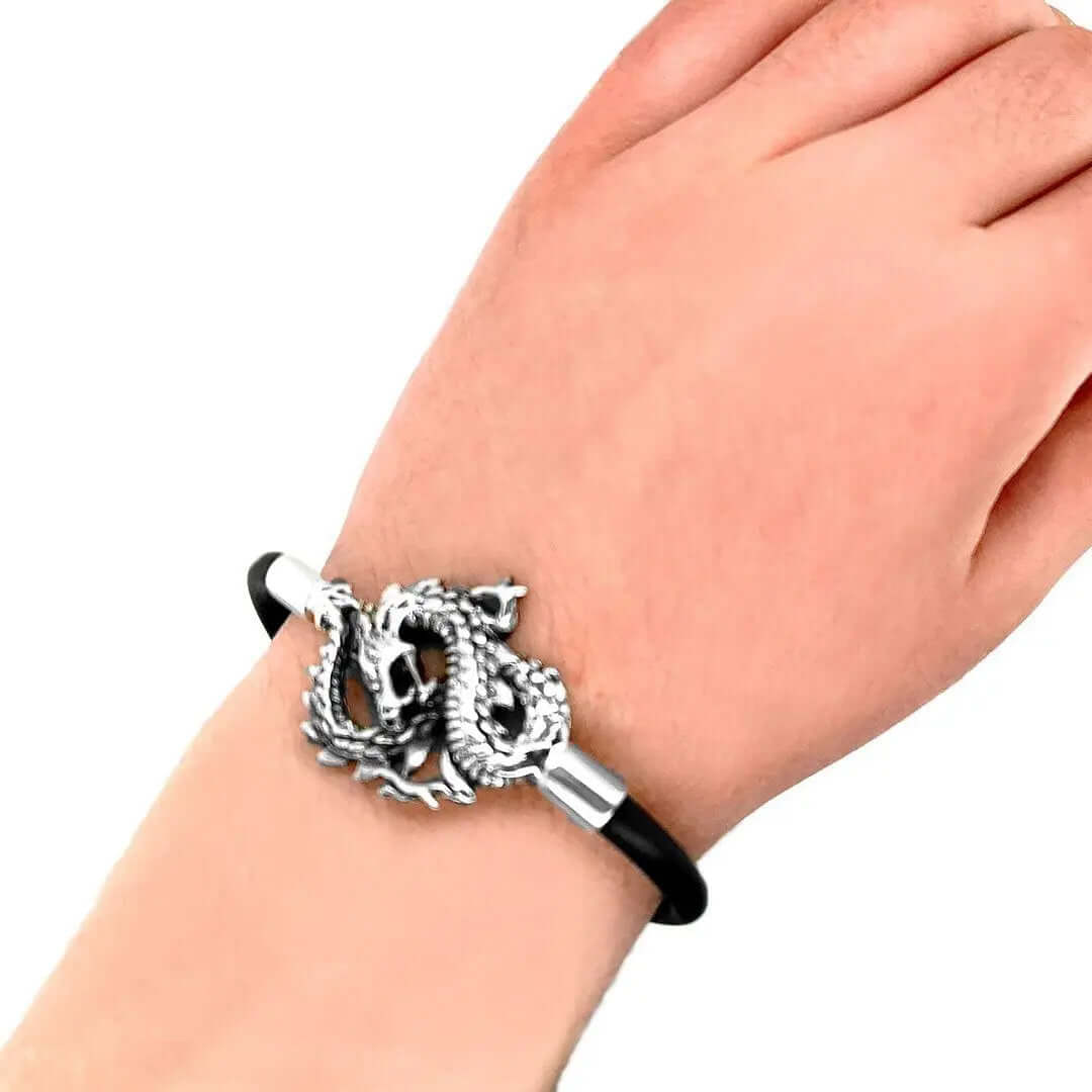 Unisex Rubber Bracelet with Silver Dragon female model - Nueve Sterling