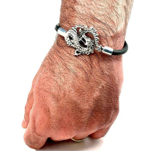 Unisex Rubber Bracelet with Silver Dragon male model - Nueve Sterling