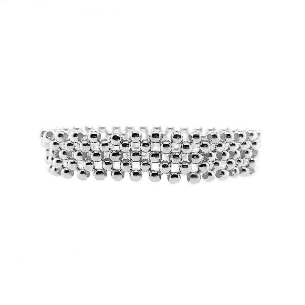 Close-up view of the five rows of solid silver beads showing the exceptional high-polish shine and hand-strung quality.