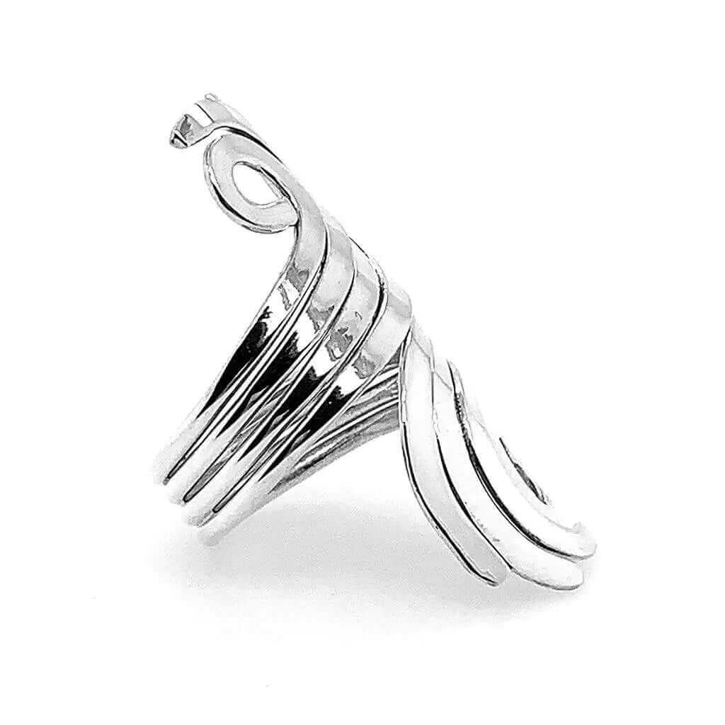 Side view of the Taxco statement ring showing the smooth, comfortable tapering of the wide silver band.