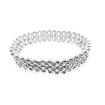 Overhead layout view of a handmade 925 sterling silver five-row small bead bracelet illustrating its rich, structured alignment.