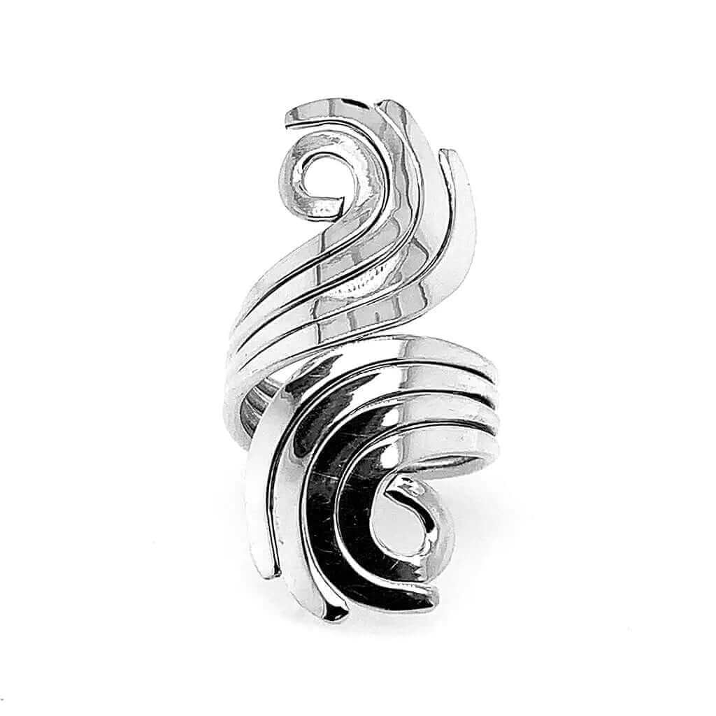 Front straight view of a handmade 925 sterling silver statement ring featuring an overlapping multi-wave design.